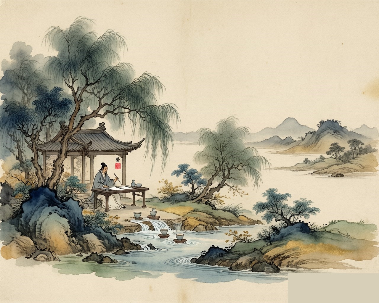 Ink-wash evocation of the Jin Dynasty: a scholar practicing calligraphy by a stream