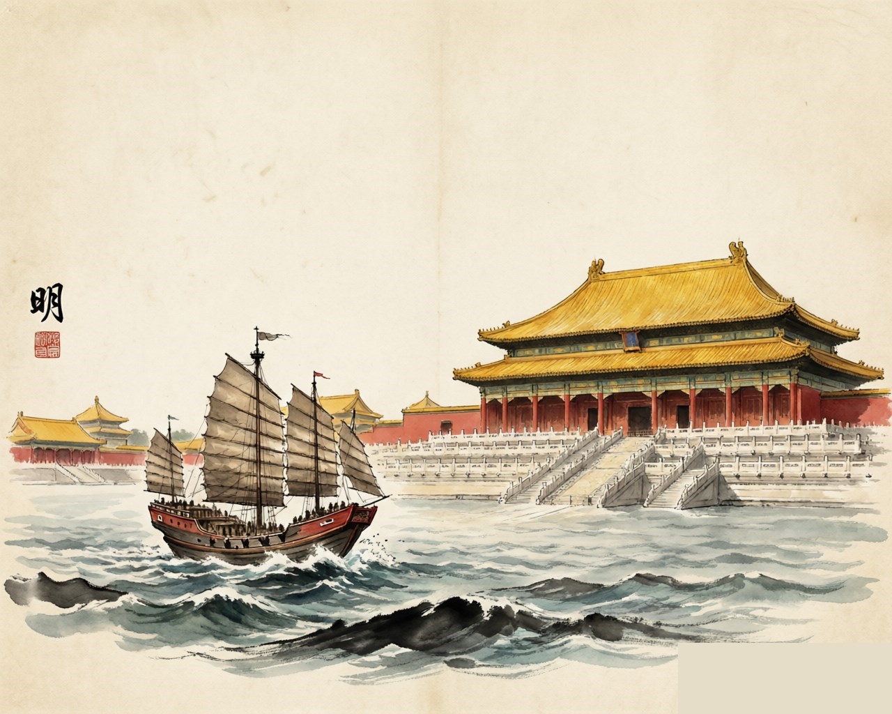 Ink-wash evocation of the Ming Dynasty: the Forbidden City and a treasure ship at sea