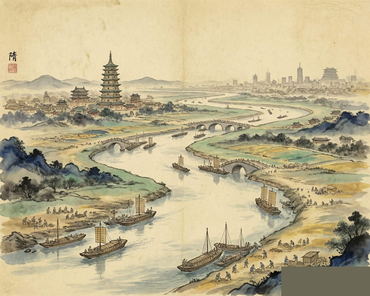 Ink-wash evocation of the Sui Dynasty: the Grand Canal with barges and bridges
