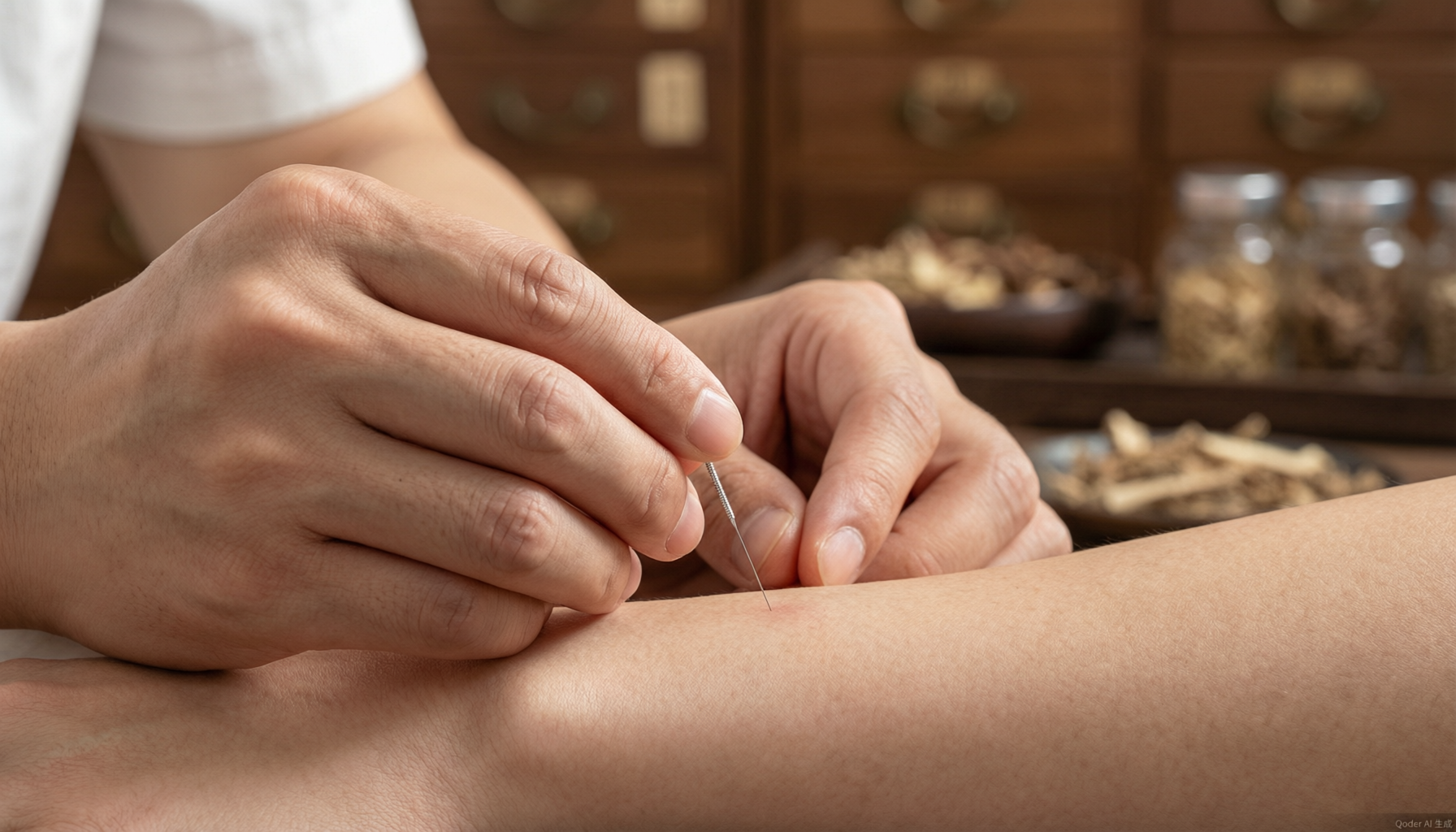 An acupuncturist carefully inserting fine needles into points on a patient's arm