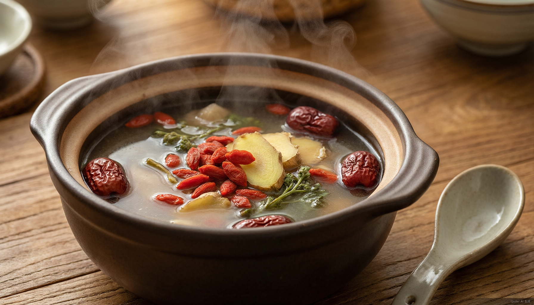 A traditional Chinese herbal soup in a clay pot
