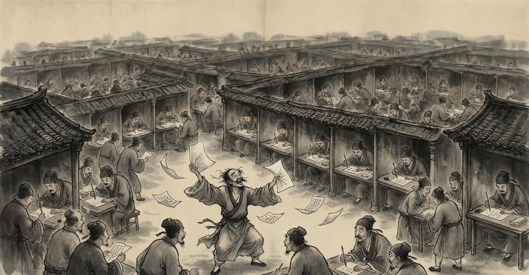 A Qing dynasty scholar hunched over examination papers by candlelight, ink and brushes scattered around a cramped study