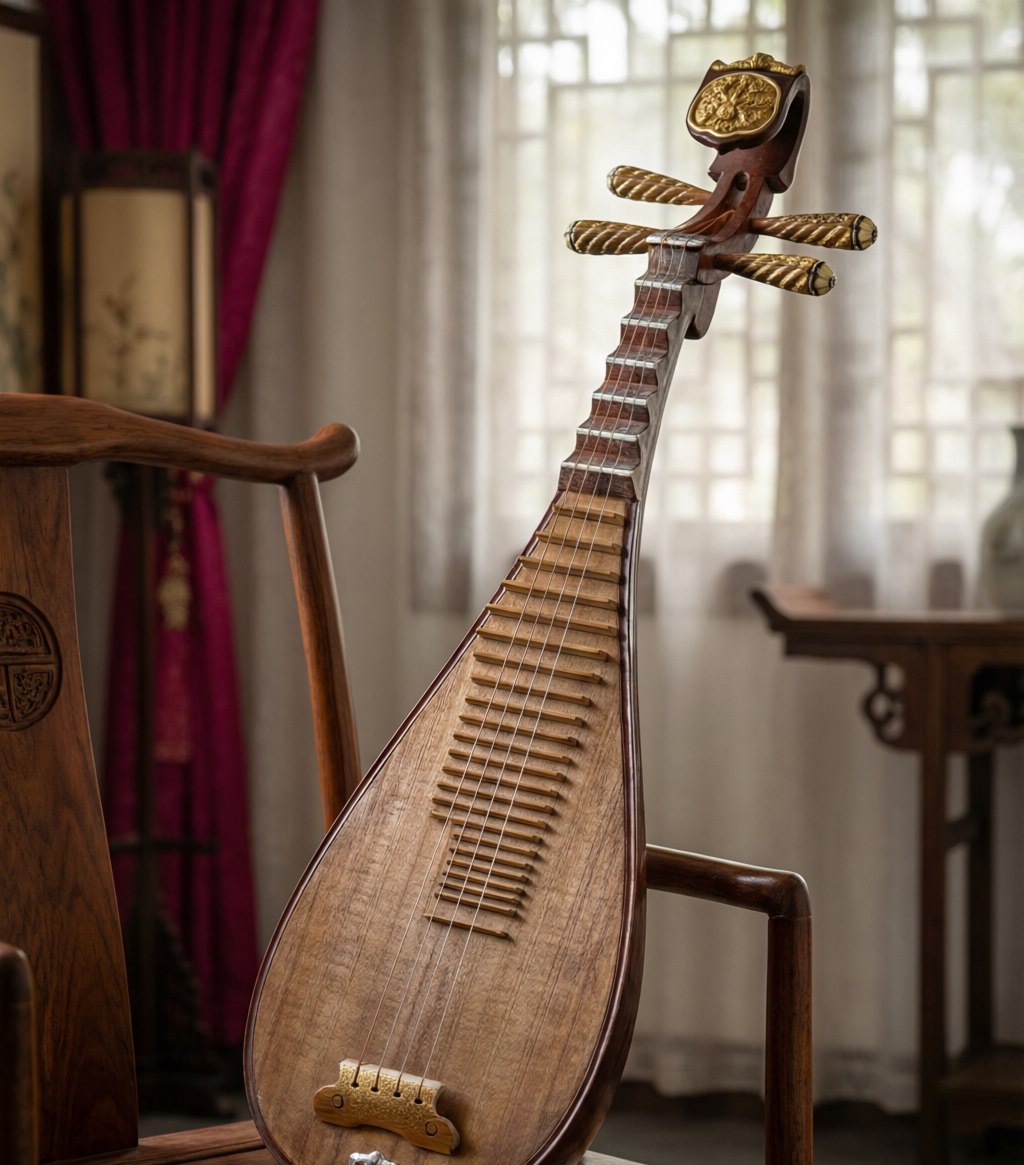 A four-stringed pear-shaped pipa lute