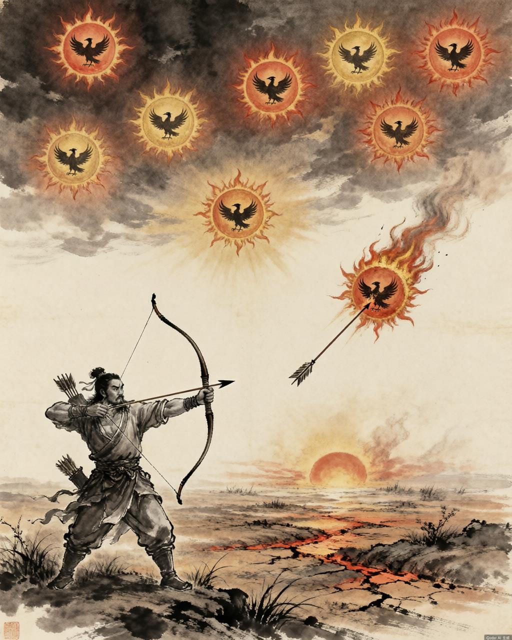 A golden three-legged crow falling from the sky, trailing feathers of fire, as a white arrow pierces its blazing heart