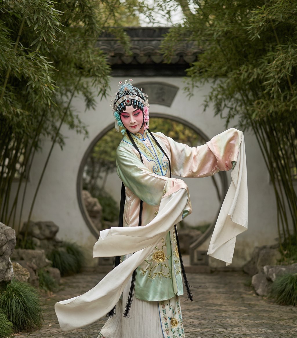 A Kunqu performer in flowing sleeves and delicate headdress