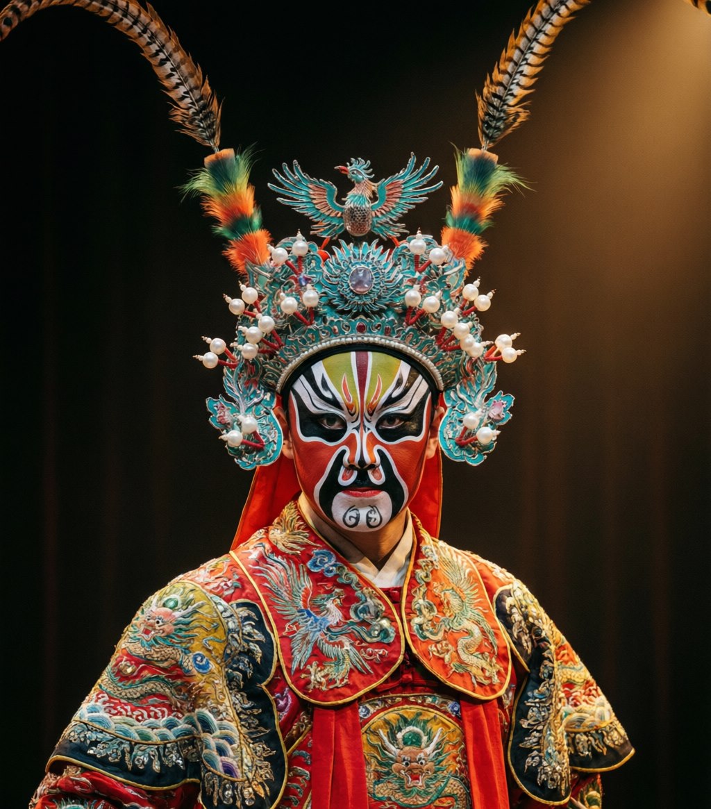A Peking Opera warrior in full painted face, pheasant-tail plumes, and embroidered armor striking a pose on a bare stage