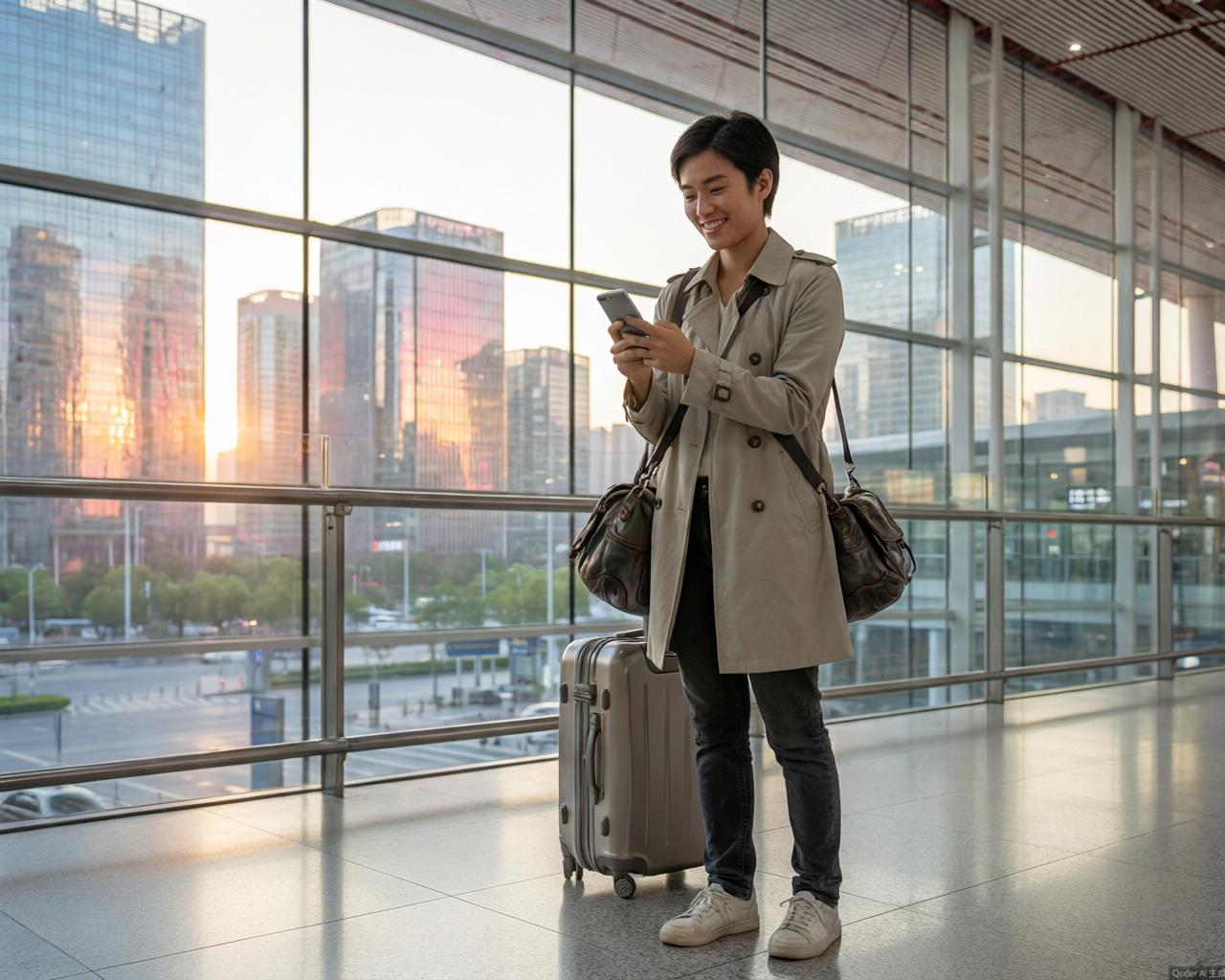 A traveler's flat-lay: SIM card, power adapter, translation app, and a Chinese phrasebook