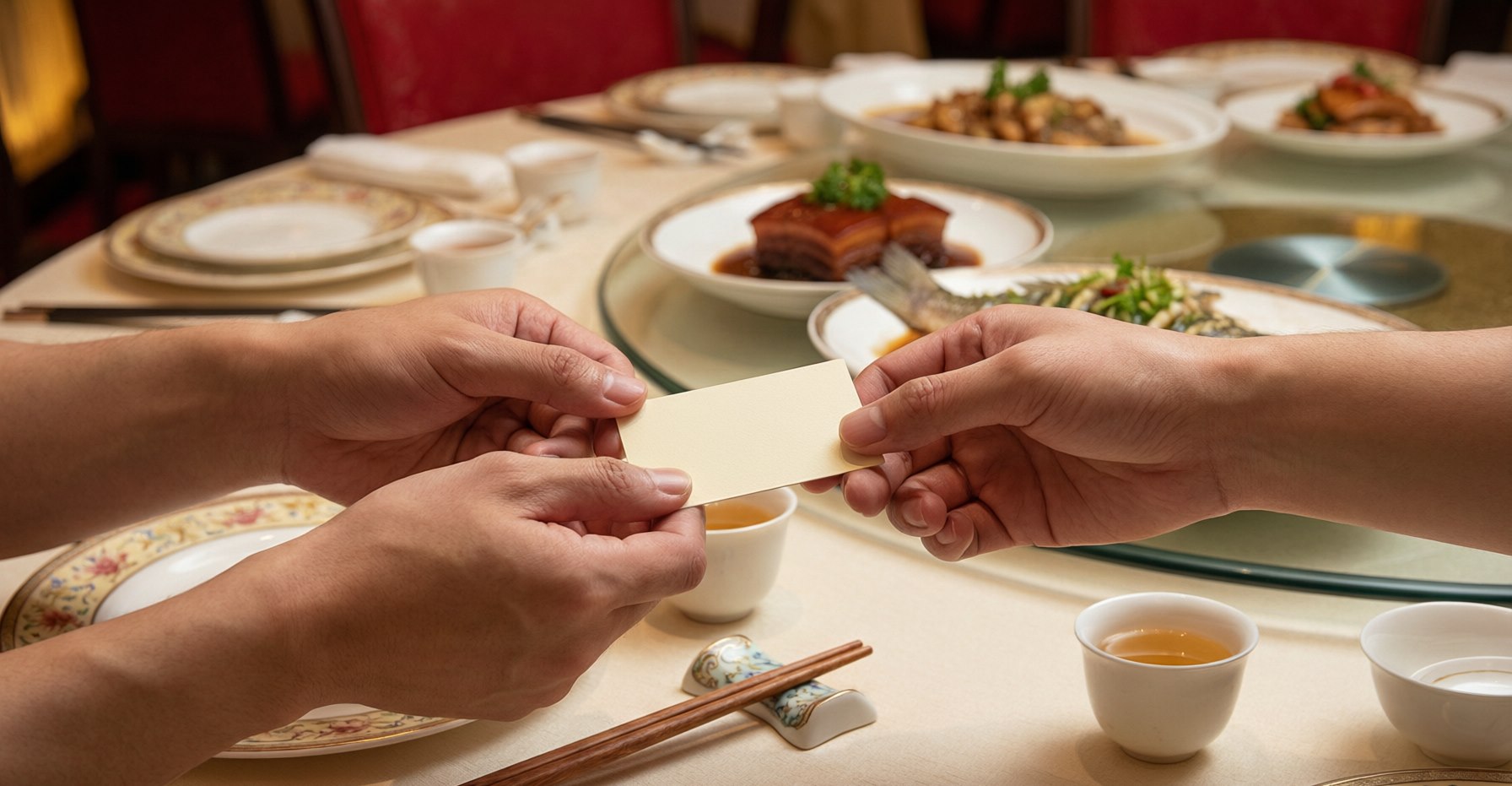 A Chinese dining table with a business card offered with both hands, chopsticks on rests and tea cups