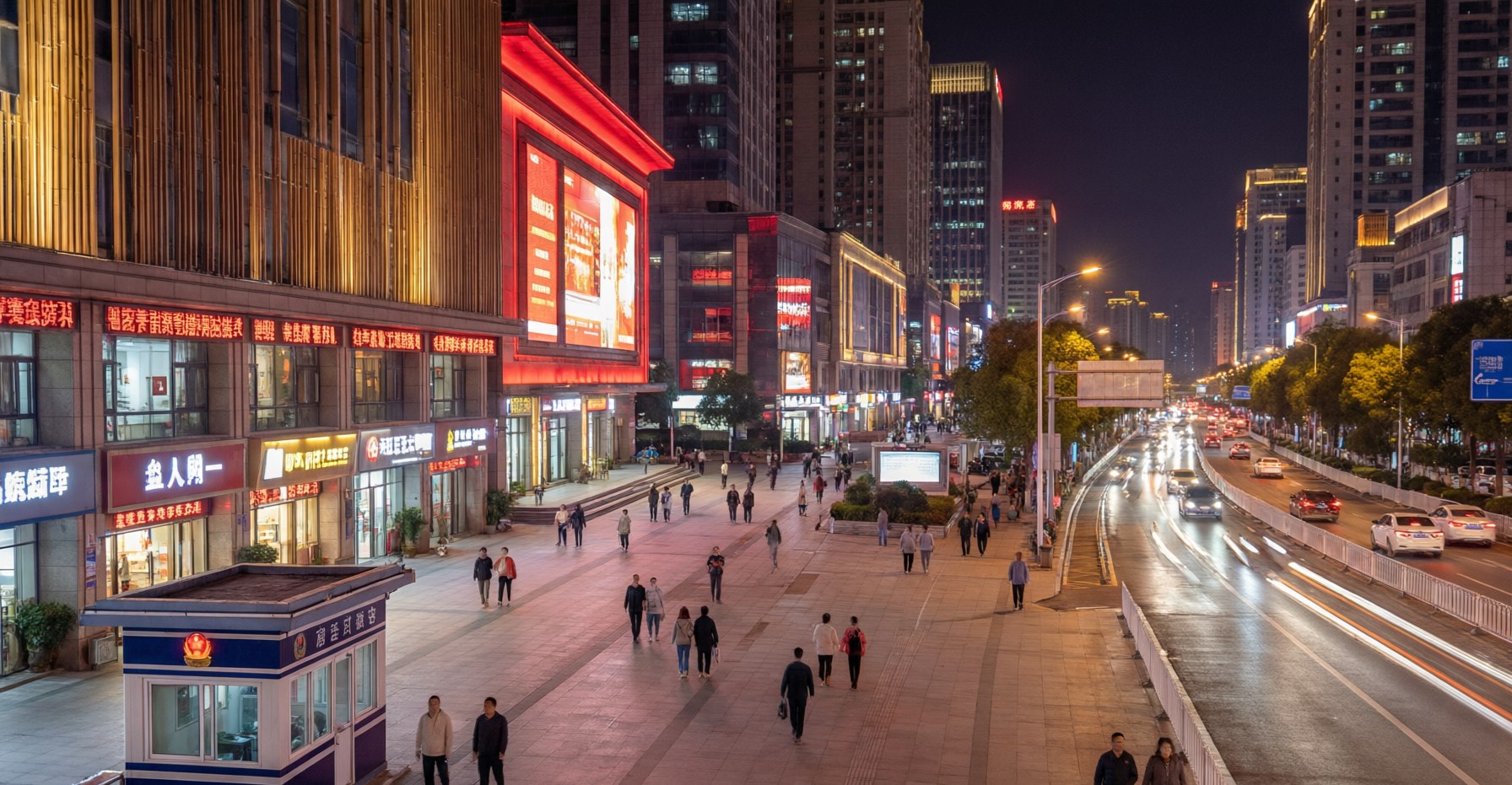 A brightly lit modern Chinese city avenue at night with calm pedestrians and a police service kiosk